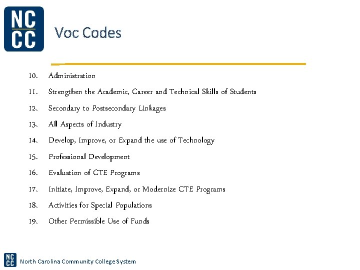 Voc Codes 10. 11. 12. 13. 14. 15. 16. 17. 18. 19. Administration Strengthen