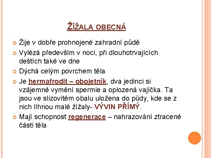 ŽÍŽALA OBECNÁ Žije v dobře prohnojené zahradní půdě Vylézá především v noci, při dlouhotrvajících