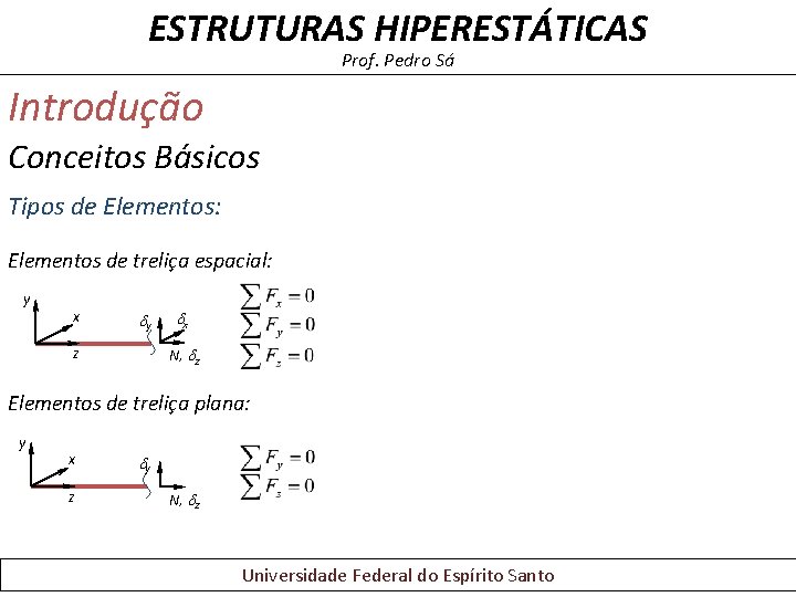 ESTRUTURAS HIPERESTÁTICAS Prof. Pedro Sá Introdução Conceitos Básicos Tipos de Elementos: Elementos de treliça ESTRUTURAS HIPERESTÁTICAS Prof. Pedro Sá Introdução Conceitos Básicos Tipos de Elementos: Elementos de treliça