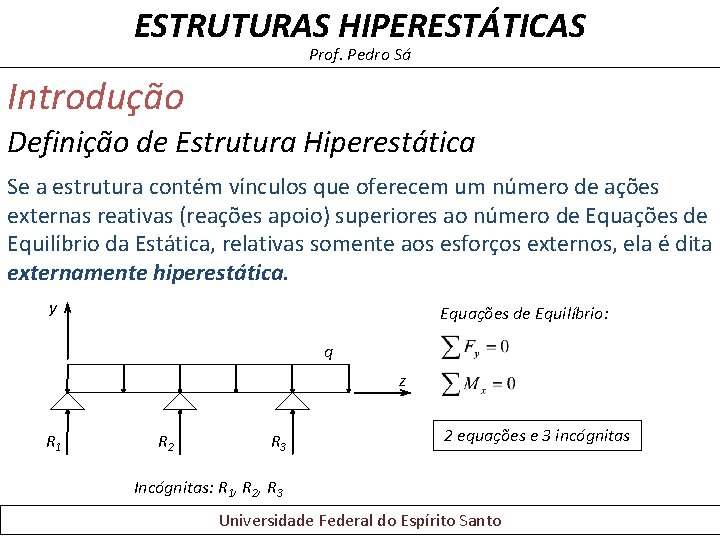 ESTRUTURAS HIPERESTÁTICAS Prof. Pedro Sá Introdução Definição de Estrutura Hiperestática Se a estrutura contém ESTRUTURAS HIPERESTÁTICAS Prof. Pedro Sá Introdução Definição de Estrutura Hiperestática Se a estrutura contém