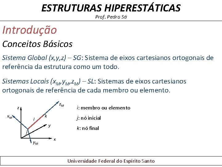 ESTRUTURAS HIPERESTÁTICAS Prof. Pedro Sá Introdução Conceitos Básicos Sistema Global (x, y, z) – ESTRUTURAS HIPERESTÁTICAS Prof. Pedro Sá Introdução Conceitos Básicos Sistema Global (x, y, z) –