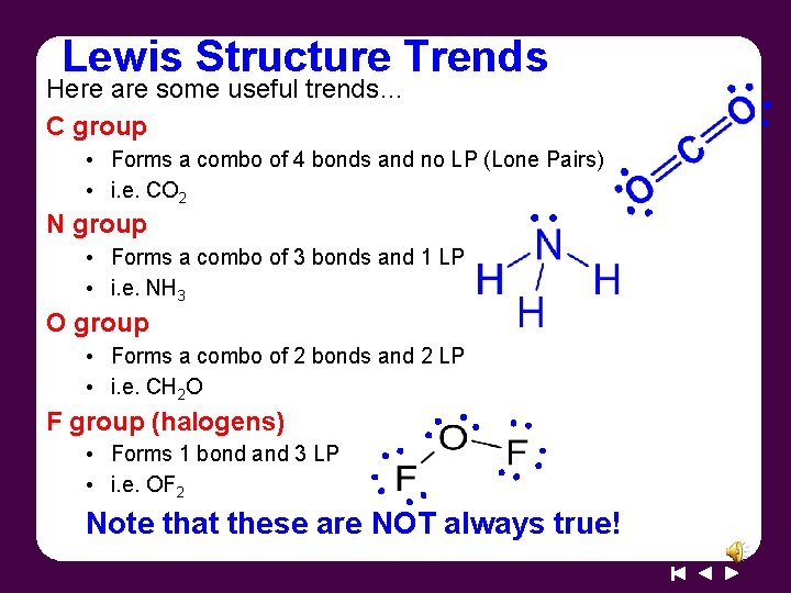 Lewis Structure Trends Here are some useful trends… C group • Forms a combo Lewis Structure Trends Here are some useful trends… C group • Forms a combo