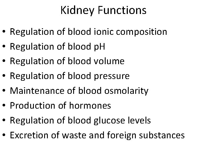 Kidney Functions • • Regulation of blood ionic composition Regulation of blood p. H