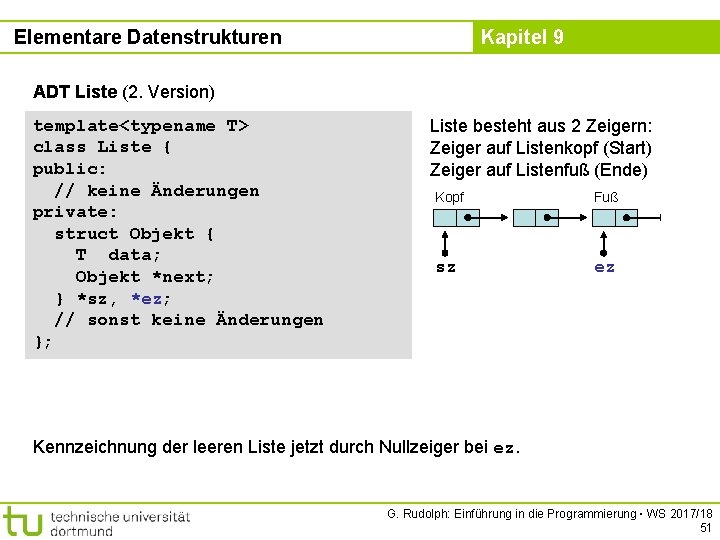 Elementare Datenstrukturen Kapitel 9 ADT Liste (2. Version) template<typename T> class Liste { public: