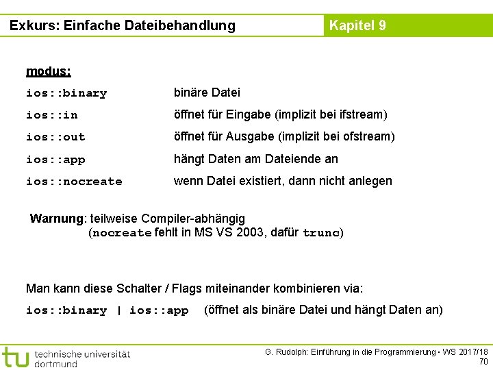 Exkurs: Einfache Dateibehandlung Kapitel 9 modus: ios: : binary binäre Datei ios: : in