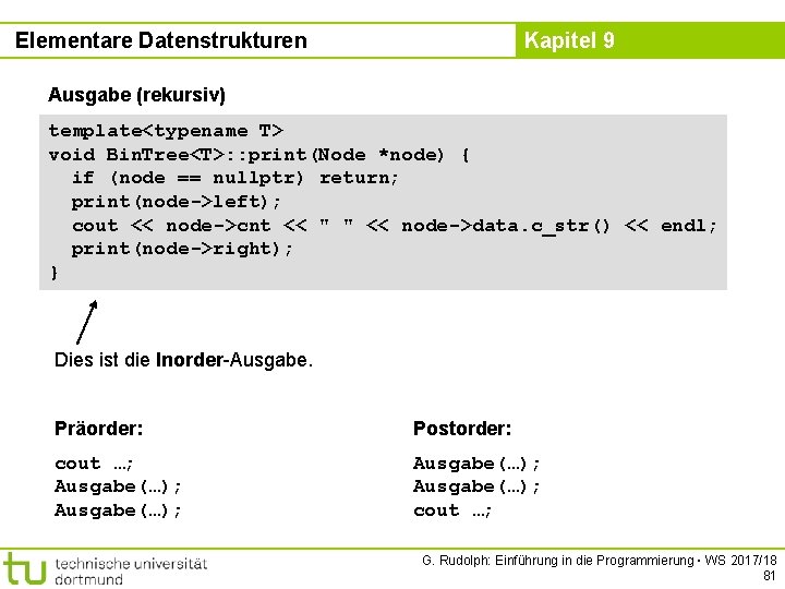 Elementare Datenstrukturen Kapitel 9 Ausgabe (rekursiv) template<typename T> void Bin. Tree<T>: : print(Node *node)