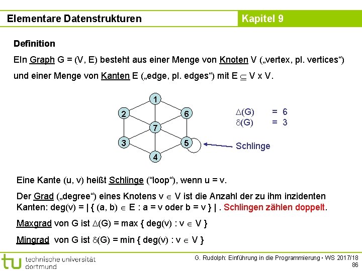 Elementare Datenstrukturen Kapitel 9 Definition EIn Graph G = (V, E) besteht aus einer
