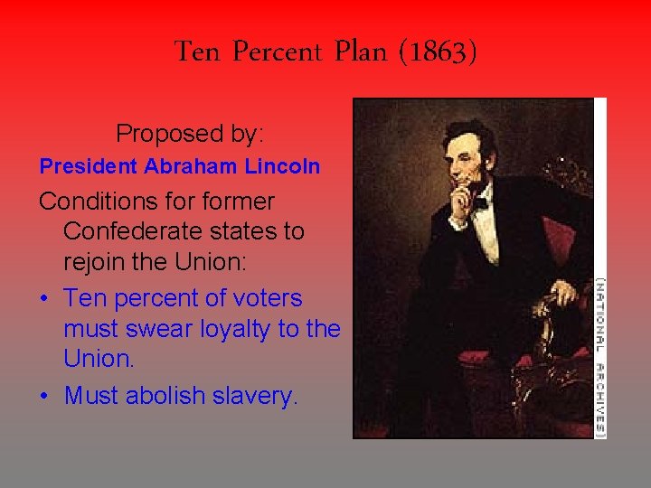 Ten Percent Plan (1863) Proposed by: President Abraham Lincoln Conditions former Confederate states to