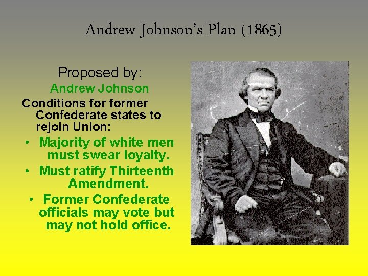 Andrew Johnson’s Plan (1865) Proposed by: Andrew Johnson Conditions former Confederate states to rejoin
