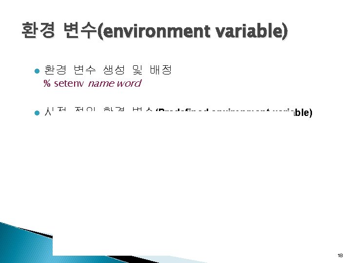 환경 변수(environment variable) l 환경 변수 생성 및 배정 l 사전 정의 환경 변수(Predefined