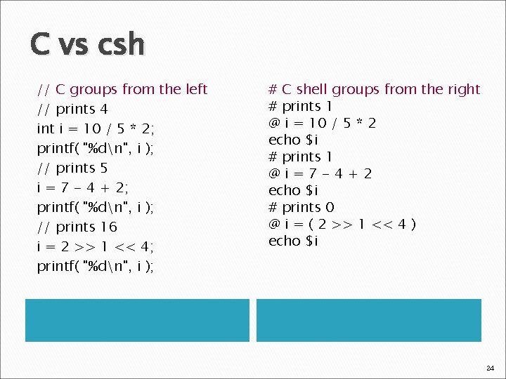 C vs csh // C groups from the left // prints 4 int i