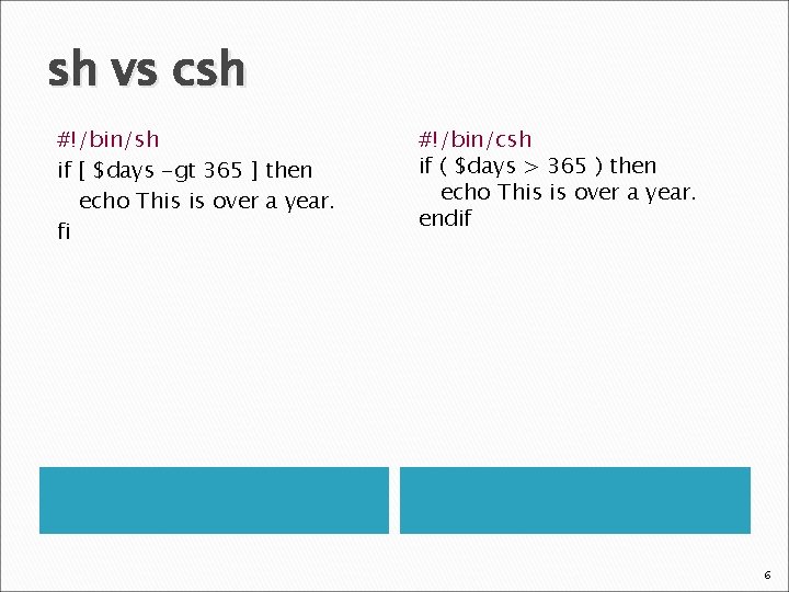 sh vs csh #!/bin/sh if [ $days -gt 365 ] then echo This is