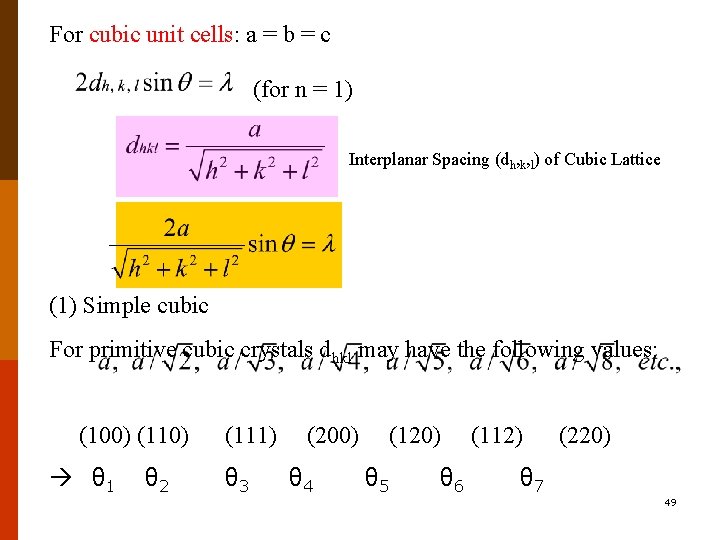 For cubic unit cells: a = b = c (for n = 1) Interplanar