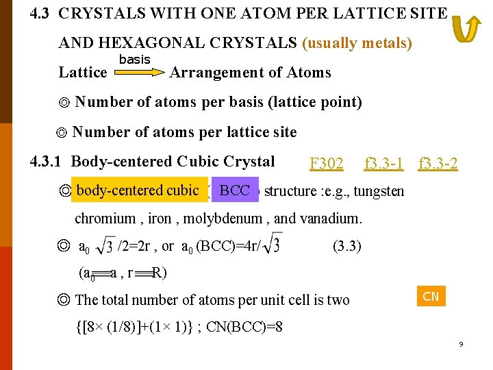 4. 3 CRYSTALS WITH ONE ATOM PER LATTICE SITE AND HEXAGONAL CRYSTALS (usually metals)