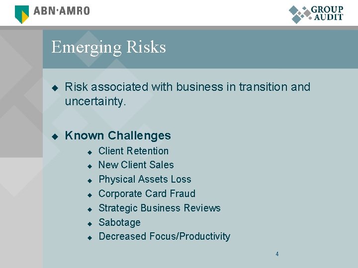 Emerging Risks u Risk associated with business in transition and uncertainty. u Known Challenges