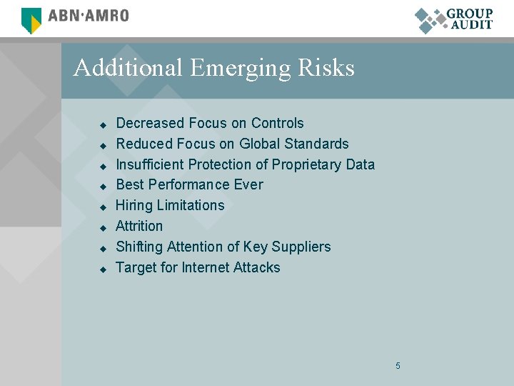 Additional Emerging Risks u u u u Decreased Focus on Controls Reduced Focus on