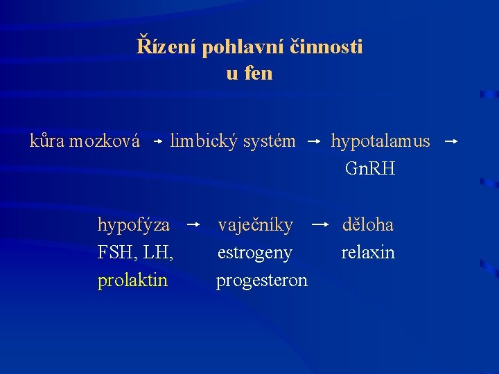 Řízení pohlavní činnosti u fen kůra mozková limbický systém hypotalamus Gn. RH hypofýza vaječníky