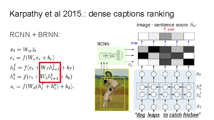 Karpathy et al 2015. : dense captions ranking RCNN + BRNN: 