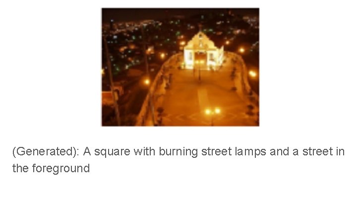 (Generated): A square with burning street lamps and a street in the foreground 
