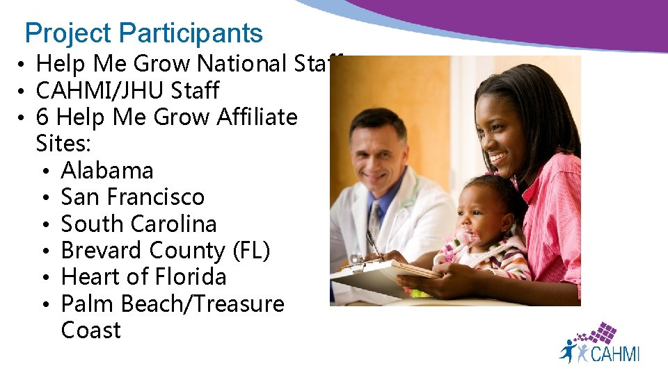 Project Participants • Help Me Grow National Staff • CAHMI/JHU Staff • 6 Help