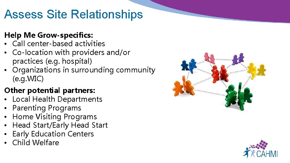 Assess Site Relationships Help Me Grow-specifics: • Call center-based activities • Co-location with providers