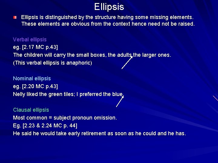 Ellipsis is distinguished by the structure having some missing elements. These elements are obvious Ellipsis is distinguished by the structure having some missing elements. These elements are obvious