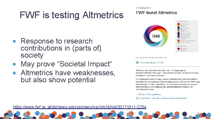FWF is testing Altmetrics Response to research contributions in (parts of) society May prove