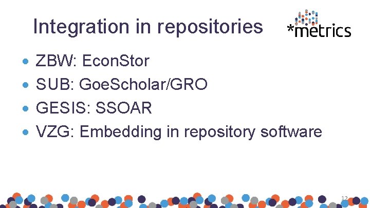 Integration in repositories ZBW: Econ. Stor SUB: Goe. Scholar/GRO GESIS: SSOAR VZG: Embedding in