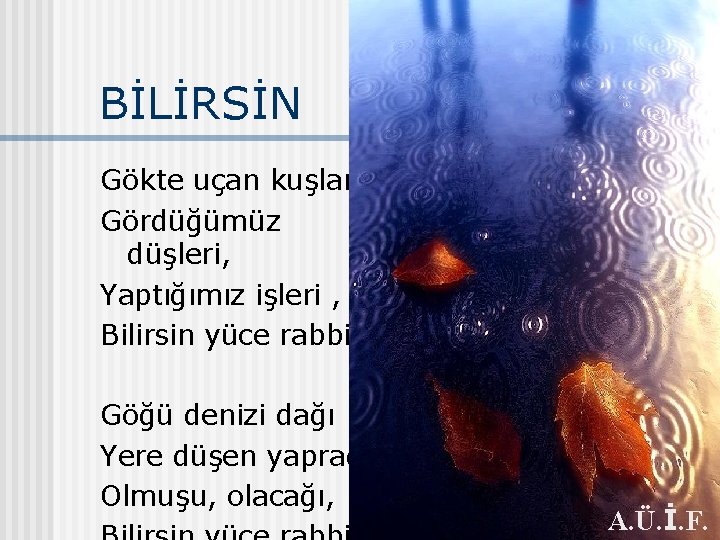 BİLİRSİN Gökte uçan kuşları, Gördüğümüz düşleri, Yaptığımız işleri , Bilirsin yüce rabbim Göğü denizi