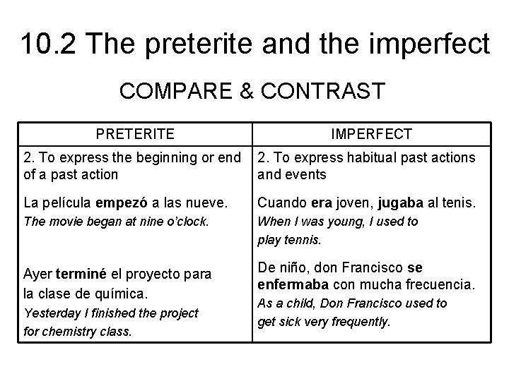 10. 2 The preterite and the imperfect COMPARE & CONTRAST PRETERITE IMPERFECT 2. To