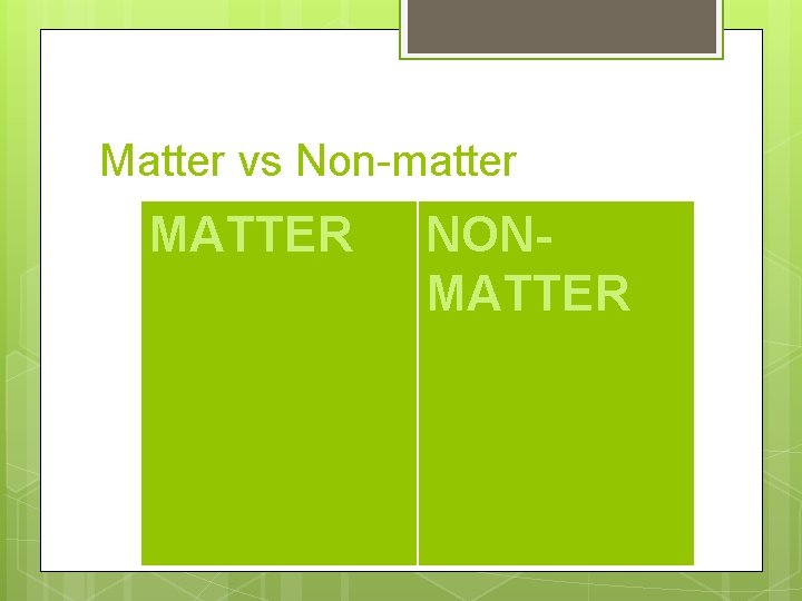 Matter vs Non-matter MATTER NONMATTER 