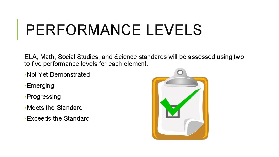 PERFORMANCE LEVELS ELA, Math, Social Studies, and Science standards will be assessed using two