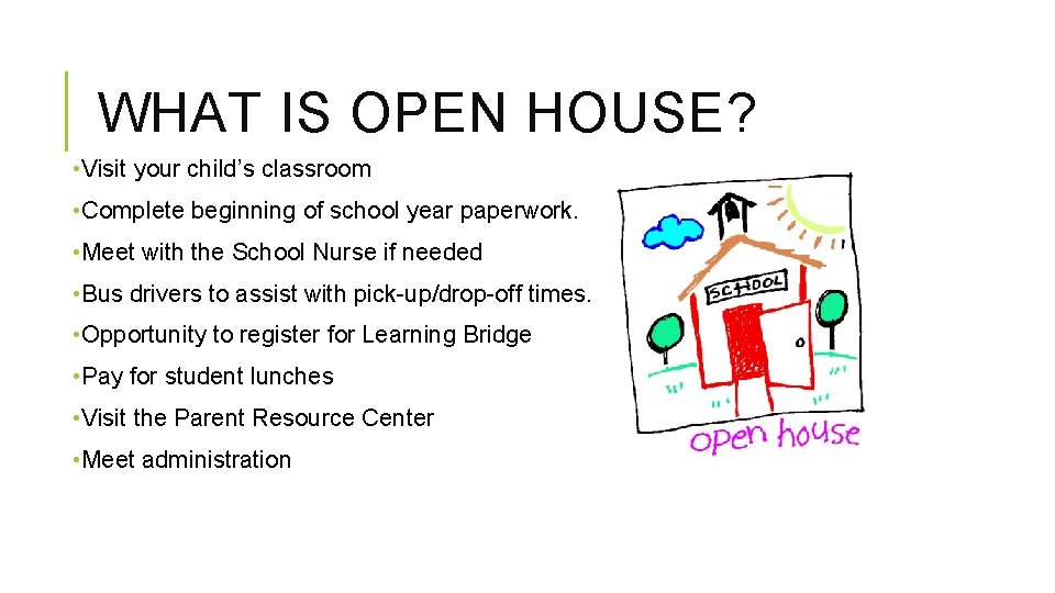 WHAT IS OPEN HOUSE? • Visit your child’s classroom • Complete beginning of school