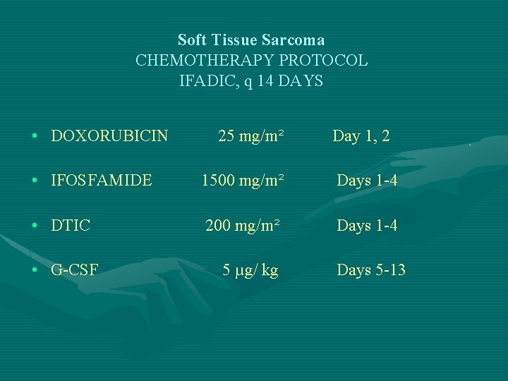 Soft Tissue Sarcoma CHEMOTHERAPY PROTOCOL IFADIC, q 14 DAYS • DOXORUBICIN 25 mg/m² Day