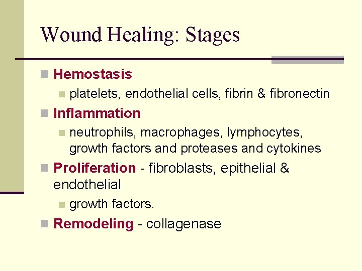 Wound Healing: Stages n Hemostasis n platelets, endothelial cells, fibrin & fibronectin n Inflammation