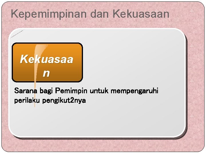 Kepemimpinan dan Kekuasaa n Sarana bagi Pemimpin untuk mempengaruhi perilaku pengikut 2 nya 