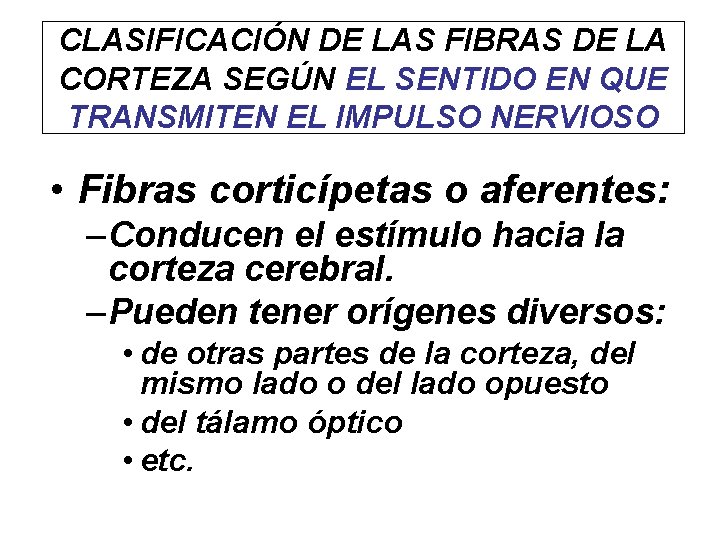 CLASIFICACIÓN DE LAS FIBRAS DE LA CORTEZA SEGÚN EL SENTIDO EN QUE TRANSMITEN EL