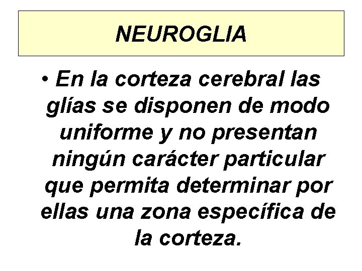 NEUROGLIA • En la corteza cerebral las glías se disponen de modo uniforme y