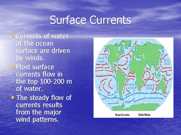 Surface Currents • Currents of water at the ocean surface are driven by winds.