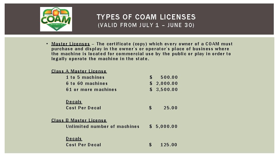 TYPES OF COAM LICENSES (V AL ID FR OM JULY 1 – J UNE