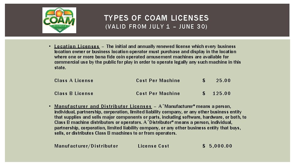 TYPES OF COAM LICENSES (V AL ID FR OM JULY 1 – J UNE