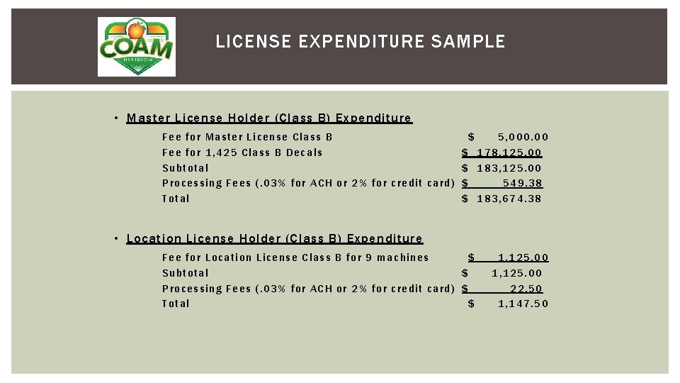 LICENSE EXPENDITURE SAMPLE • Master License Holder (Class B) Expenditure Fee for Mast er