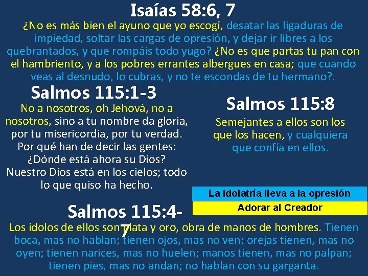 Isaías 58: 6, 7 ¿No es más bien el ayuno que yo escogí, desatar