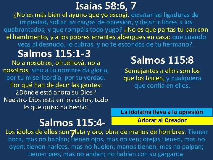 Isaías 58: 6, 7 ¿No es más bien el ayuno que yo escogí, desatar