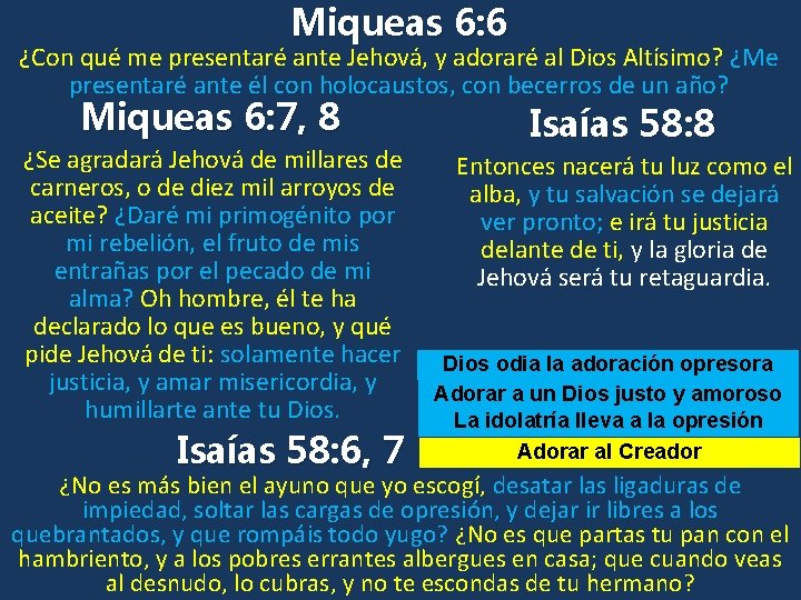 Miqueas 6: 6 ¿Con qué me presentaré ante Jehová, y adoraré al Dios Altísimo?