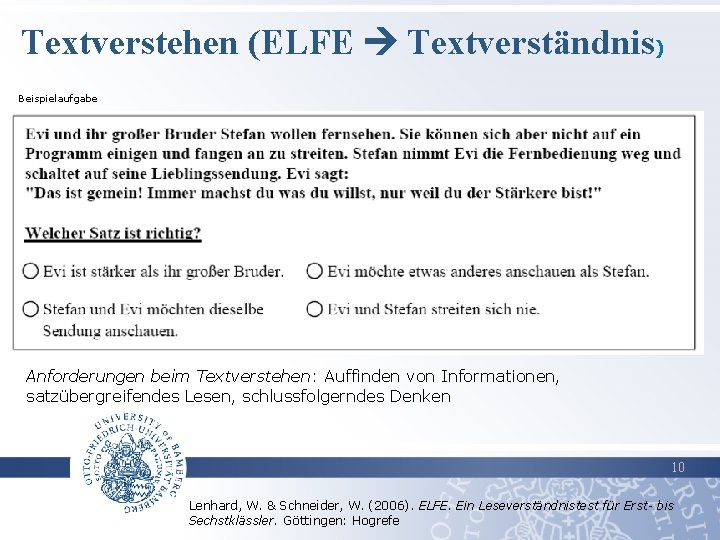 Textverstehen (ELFE Textverständnis) Beispielaufgabe Anforderungen beim Textverstehen: Auffinden von Informationen, satzübergreifendes Lesen, schlussfolgerndes Denken