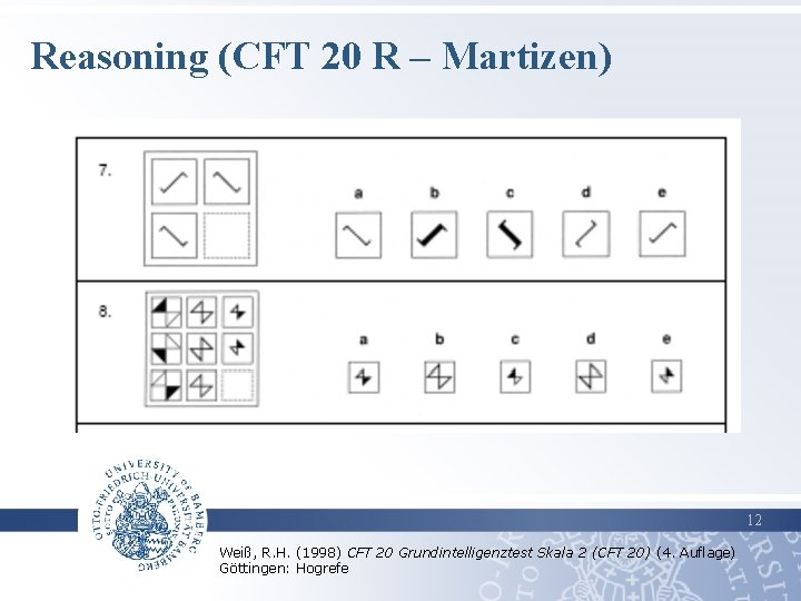 Reasoning (CFT 20 R – Martizen) 12 Weiß, R. H. (1998) CFT 20 Grundintelligenztest