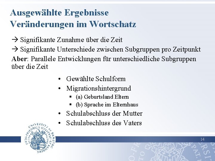 Ausgewählte Ergebnisse Veränderungen im Wortschatz Signifikante Zunahme über die Zeit Signifikante Unterschiede zwischen Subgruppen