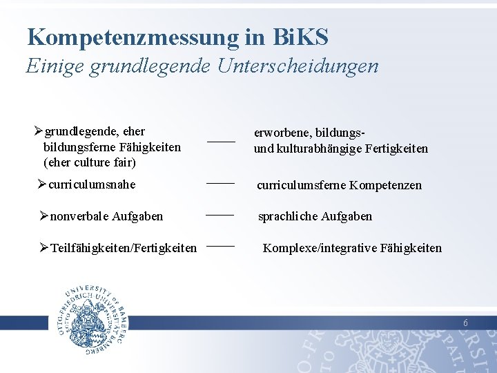 Kompetenzmessung in Bi. KS Einige grundlegende Unterscheidungen Øgrundlegende, eher bildungsferne Fähigkeiten (eher culture fair)