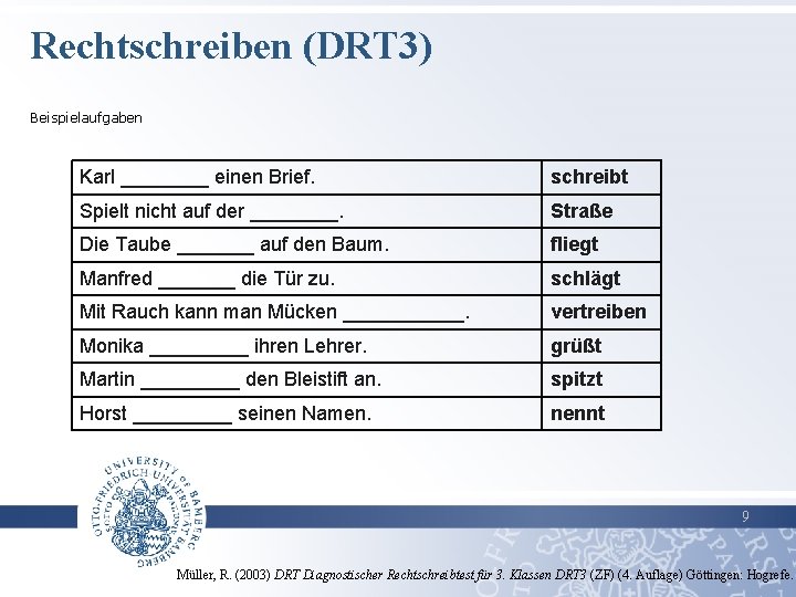 Rechtschreiben (DRT 3) Beispielaufgaben Karl ____ einen Brief. schreibt Spielt nicht auf der ____.